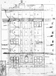 Marlborough elevation of addition to 8 Arlington (00 Marlborough) by architects Kilham, Hopkins, and Greeley, Feb1923; Boston City Archives, City of Boston Blueprints Collection