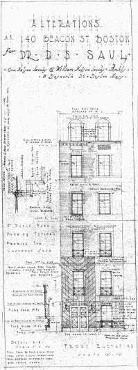 Architectural rendering of proposed front elevation of 140 Beacon (1936), by architects George Nelson Jacobs and William Nelson Jacobs; courtesy of the Boston City Archives, City of Boston Blueprints Collection