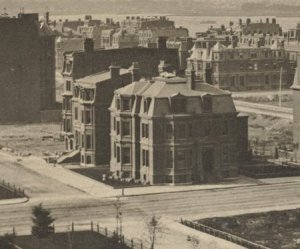 161-163 Commonwealth (ca. 1875), with 306 Dartmouth in foreground, detail from photograph taken from the Brattle Street (First Baptist) Church tower; courtesy of the Print Department, Boston Public Library