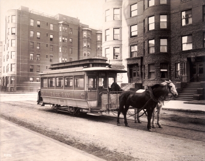Horse-drawn street car on Marlborough, with 421 Marlborough in the background (ca. 1900), photograph by Nathaniel Livermore Stebbins; courtesy of the Boston Athenaeum