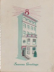 Drawing of 395 Commonwealth; 1956 Christmas card from the Hearthstone Insurance Company, from the collections of Helen and Dante "Joe" Balboni