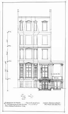 Architectural rendering of the front elevation of 111 Commonwealth, by architect Ogden Codman, Jr., also showing front entrance of 109 Commonwealth; courtesy of the Boston City Archives, City of Boston Blueprints Collection